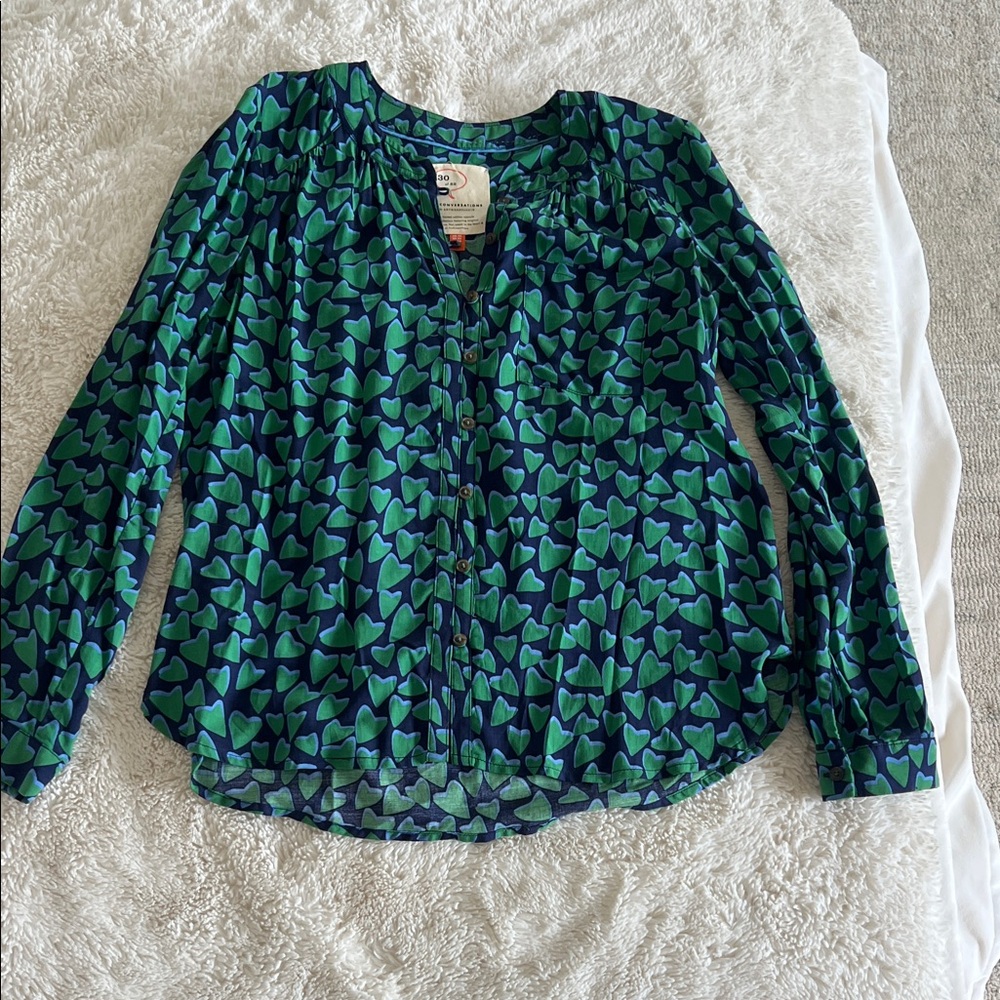 Anthropologie Green and Blue Heart Blouse